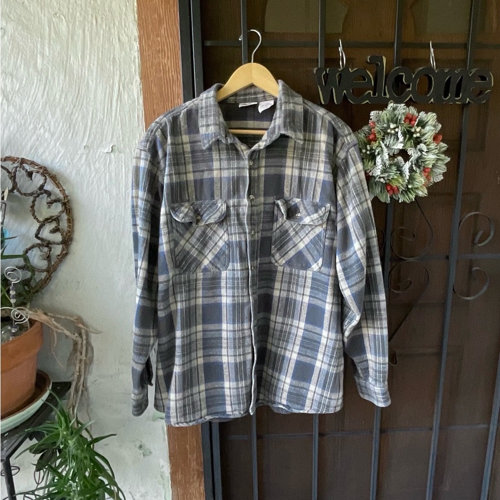 Field & stream plaid flannel button down long sleeve blue gray xxl